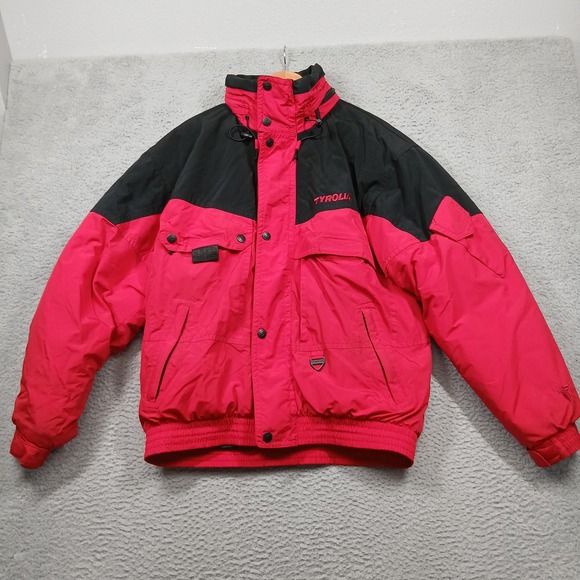 Vintage Tyrolia Jacket Mens Large Red Black Nylon Puffer Hooded Ski 90s - Picture 1 of 9